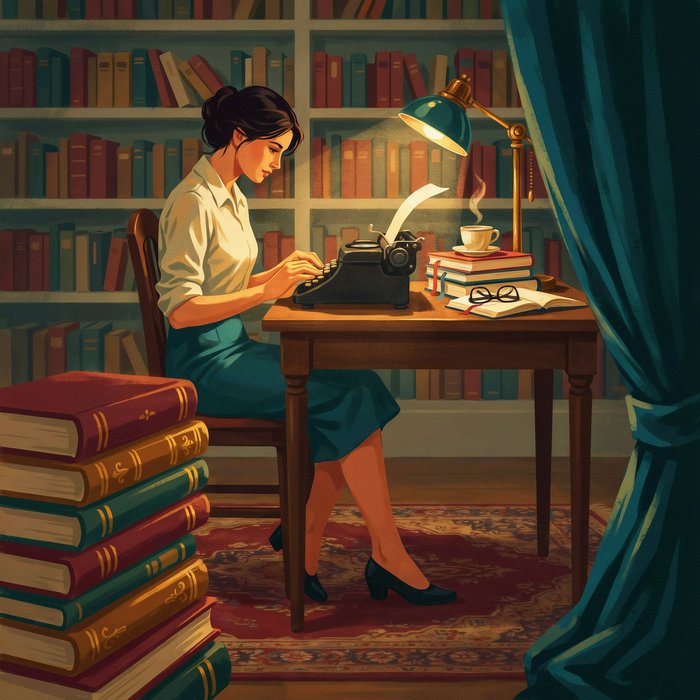 A writer at a desk surrounded by books