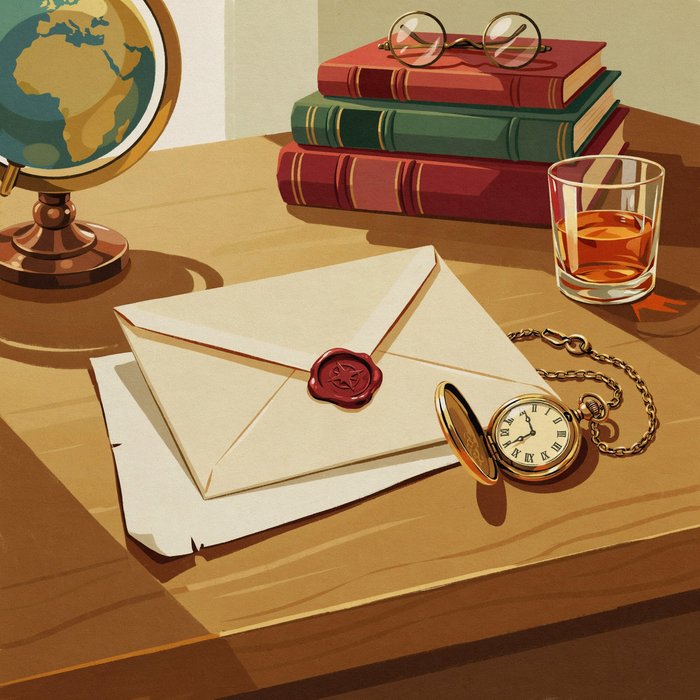A wax-sealed envelope on a writing desk