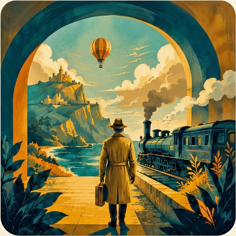 A traveller stands in an archway looking out at a vintage adventure scene with a hot air balloon, steam train, and coastal cliffs