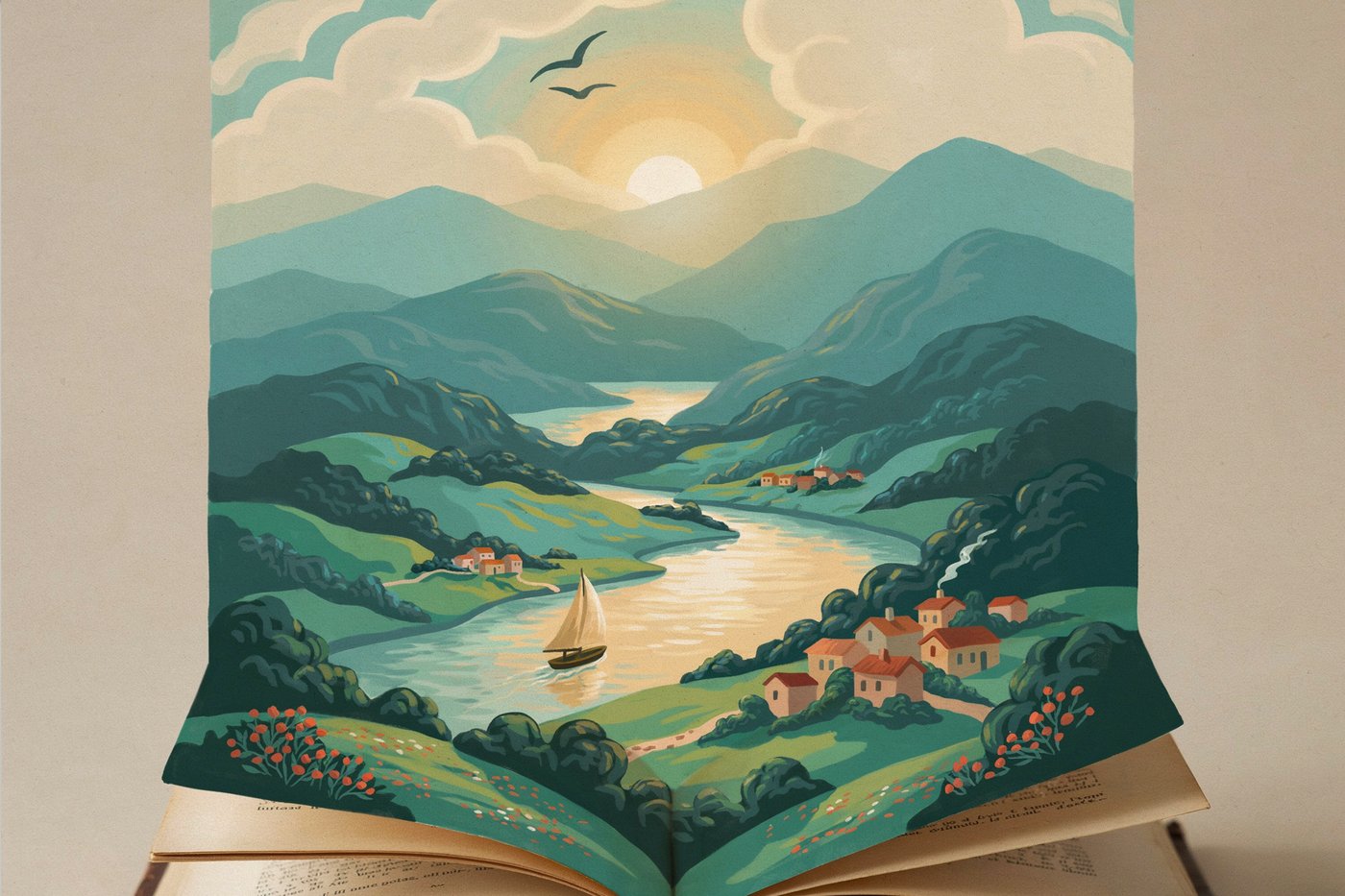 An open book opening into a painted world of mountains, a river, and a village at sunrise