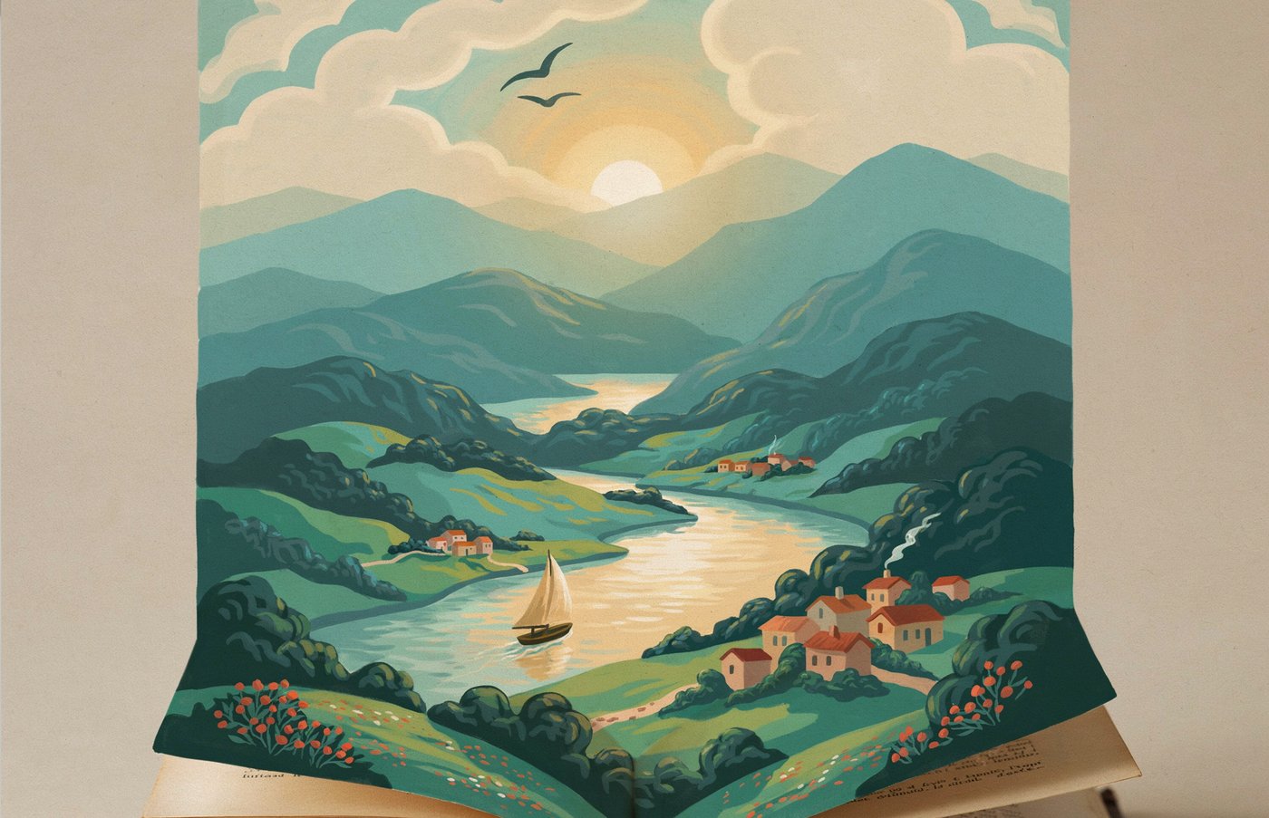 An open book from which a painted river valley rises, mountains and a sailboat at sunrise