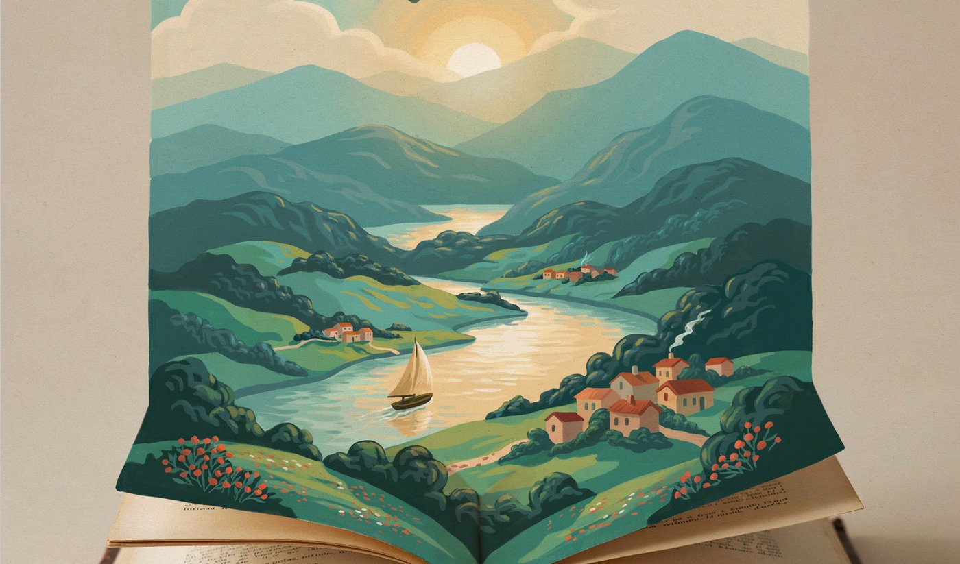 An open book with a warm painted river valley rising from its pages, a sailboat on golden water near a village