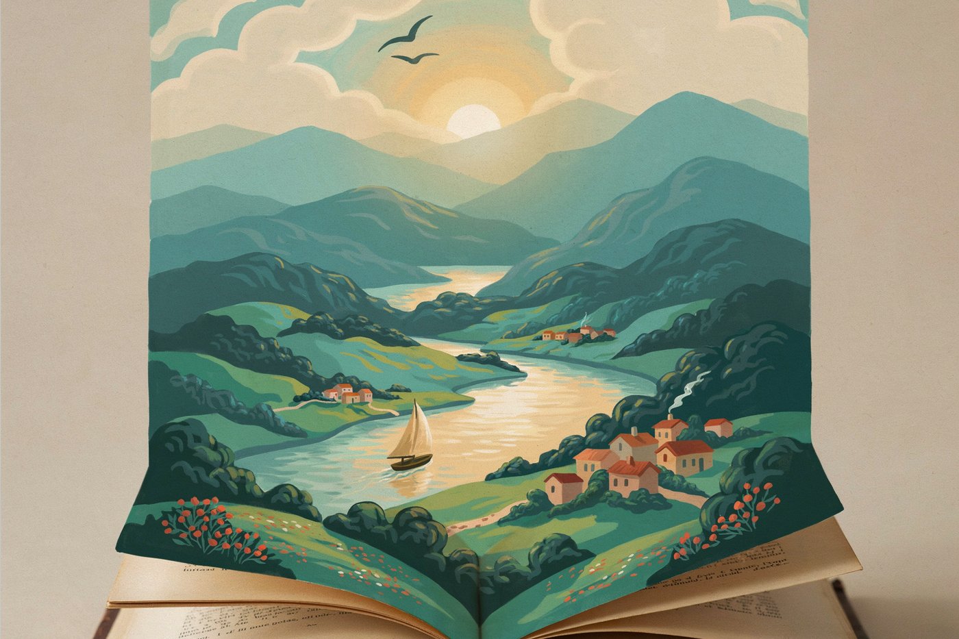 An open book from which a painted landscape rises, a sunlit river winding past a village to distant mountains