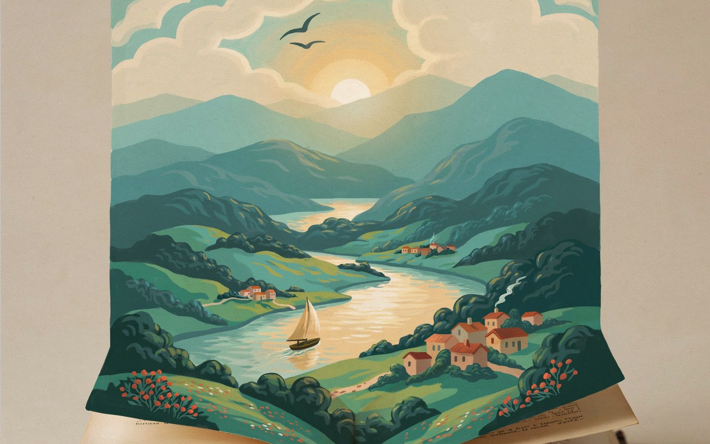 An open book opening into a painted river valley with a village, mountains, and a sailboat at sunrise