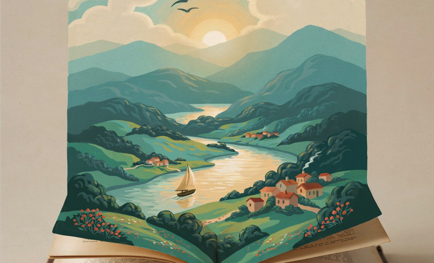 An open book from which a warm painted coastline rises, a sailboat on golden water at sunset