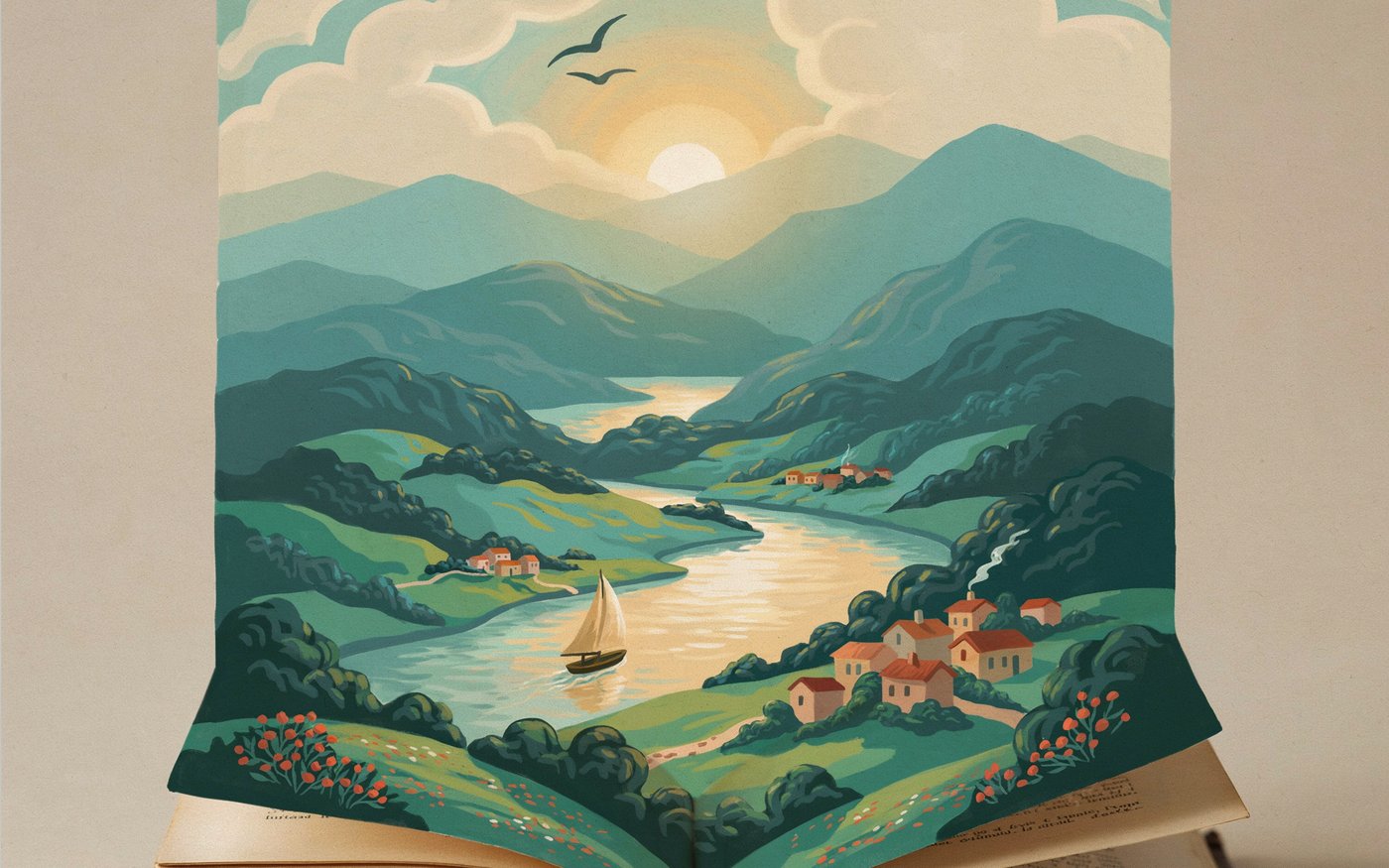 An open book opening into a painted world, a river valley with a sailboat, village, and mountains at sunrise