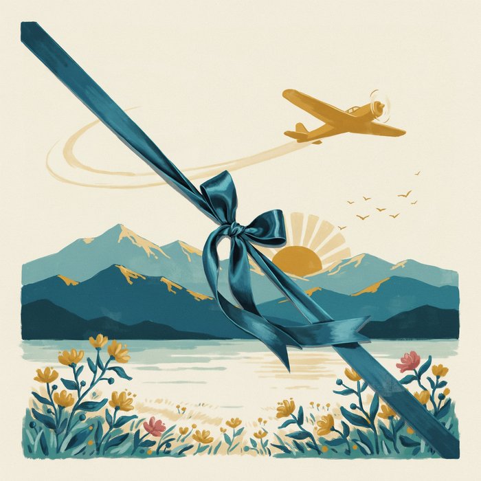 A vintage travel illustration with a ribbon and bow over a mountain landscape